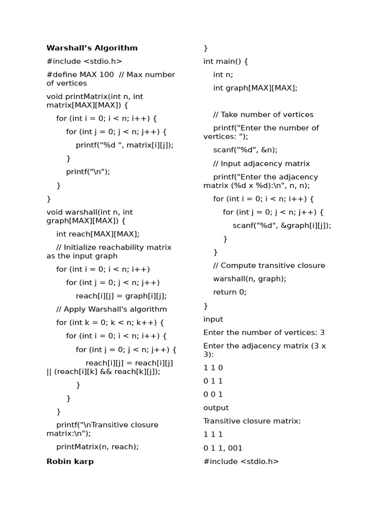 Warshall's Algorithm and Pattern Matching Techniques | PDF ...