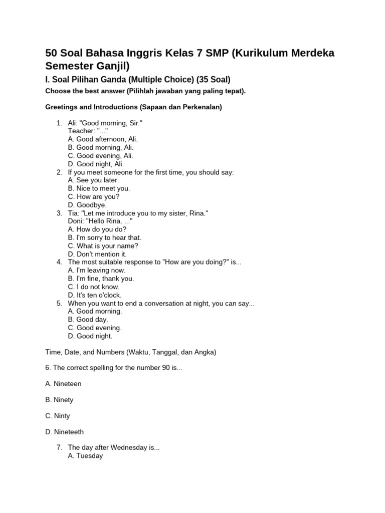 50 English Questions for 7th Grade SMP | PDF | English Language | Languages