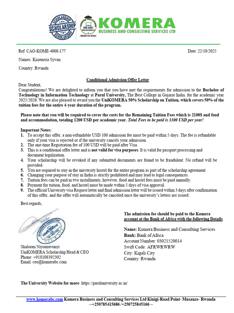Conditional Admission Offer for IT Program | PDF | Travel Visa | Fee