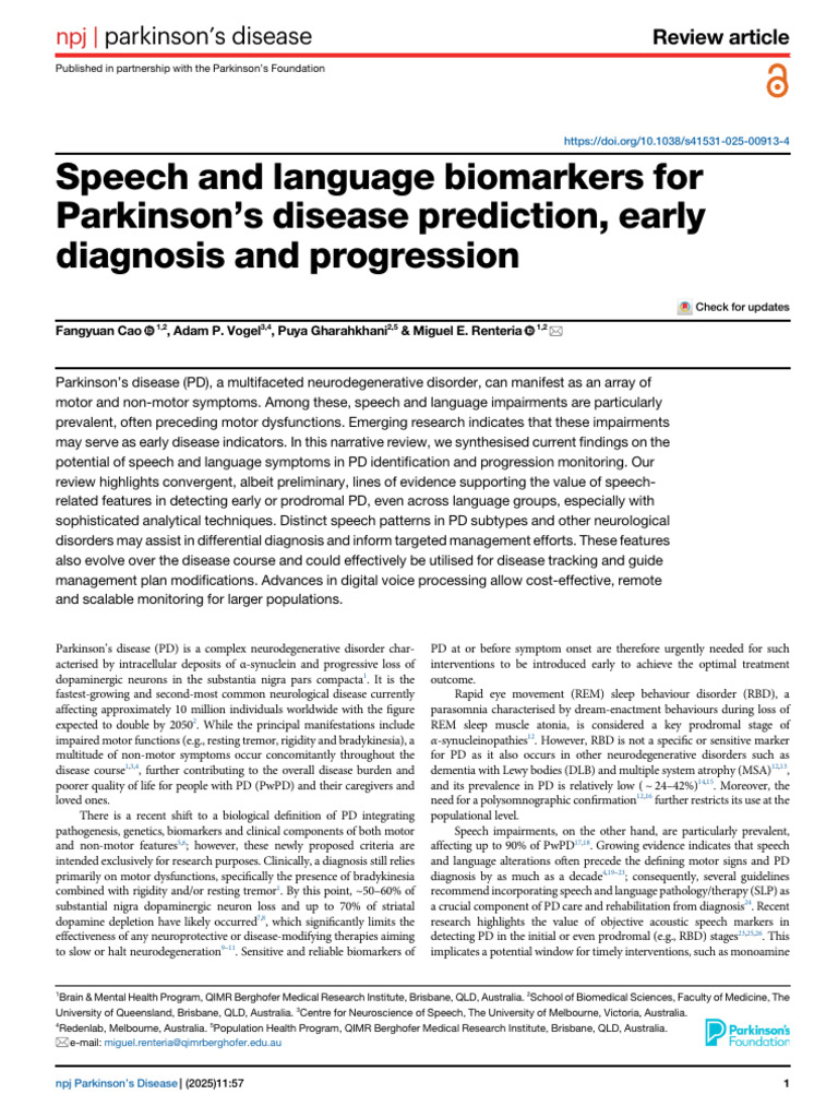 Speech Biomarkers for Parkinson's Disease | PDF | Parkinson's Disease