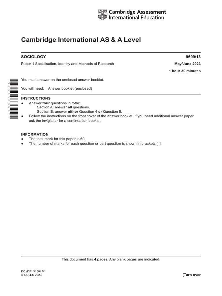 Cambridge AS & A Level Sociology Exam Guide | PDF | Social Research ...