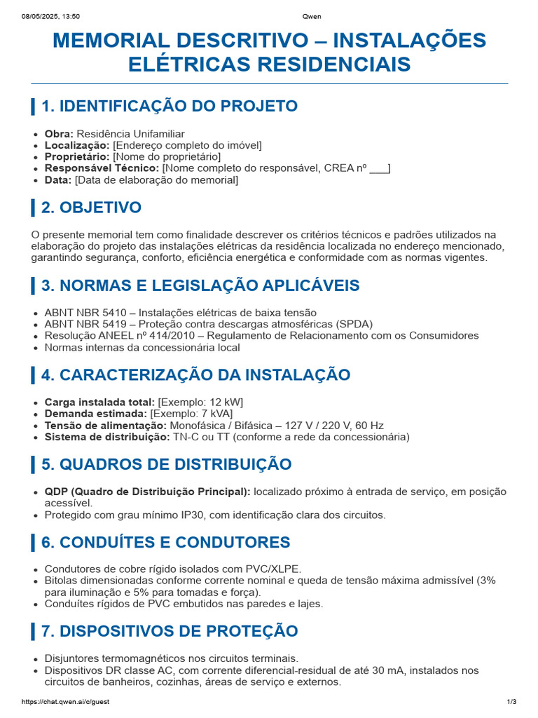 Memorial Descritivo de Instalações Elétricas | PDF | Fiação elétrica ...