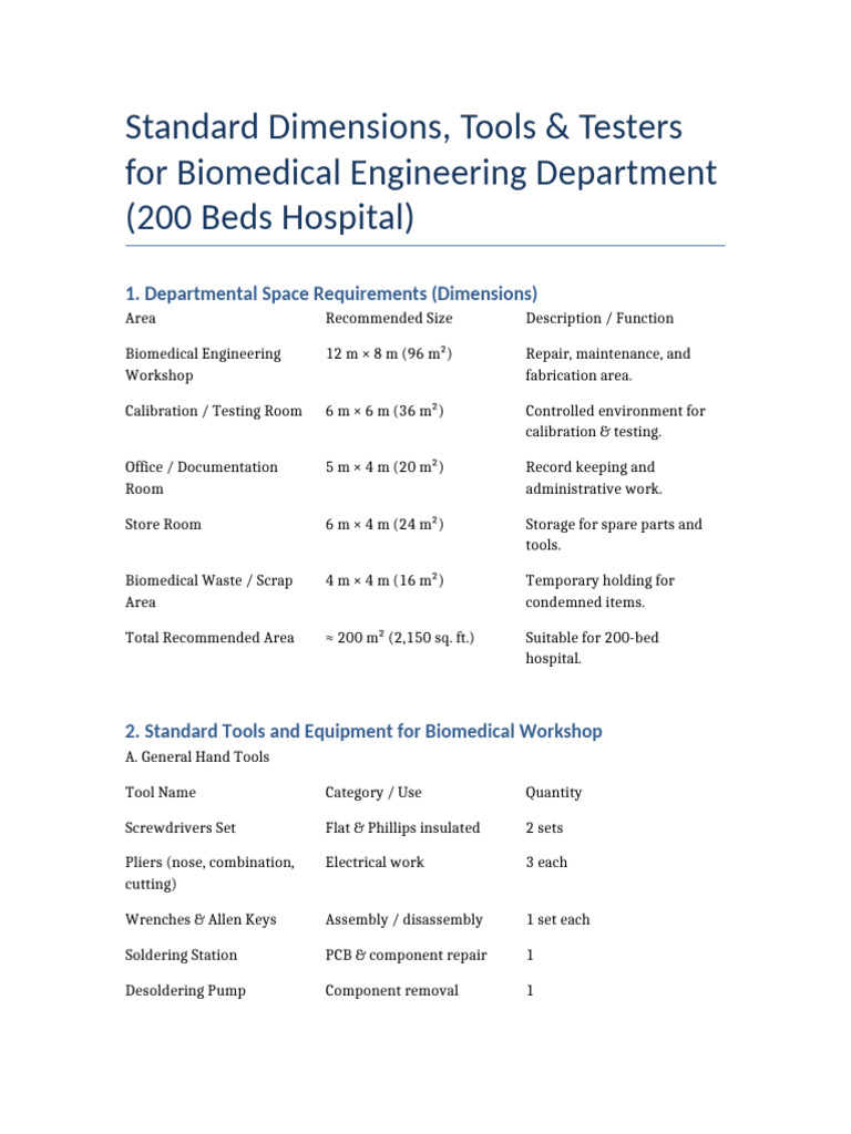 Biomedical Engineering Workshop Specs | PDF | Manufactured Goods ...