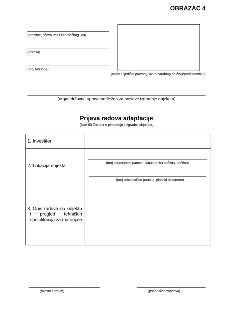 Obrazac 4 Prijava Radova Adaptacije | PDF