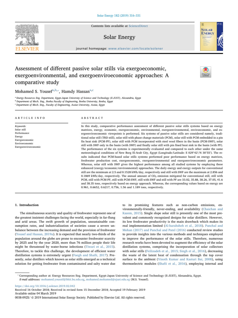 Comparative Assessment of Solar Stills | PDF | Exergy | Thermocouple