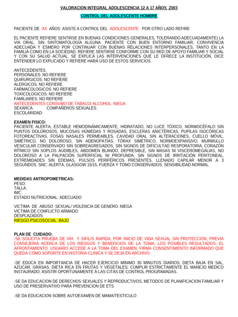 Control Integral de Salud Adolescente | PDF | Adolescencia | Examen físico