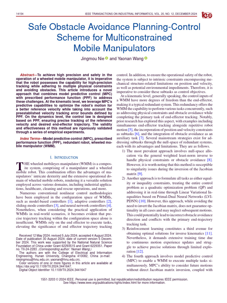 Safe Obstacle Avoidance for Mobile Manipulators | PDF | Kinematics | Sphere