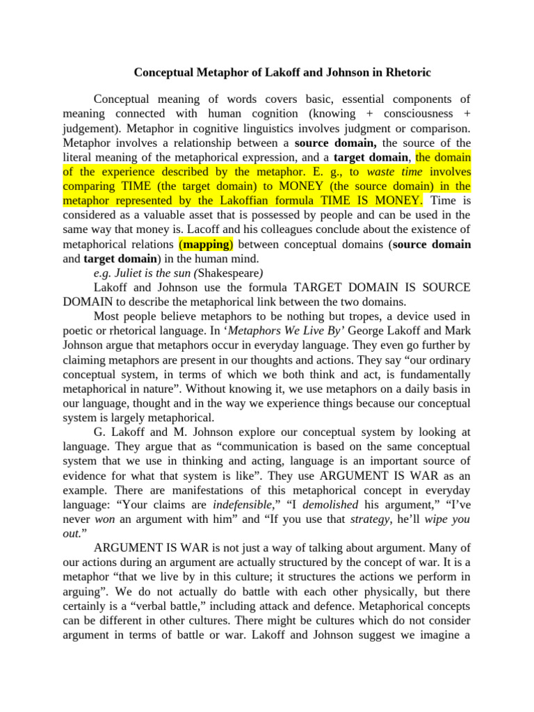 Lakoff & Johnson's Conceptual Metaphor Theory | PDF | Metaphor ...