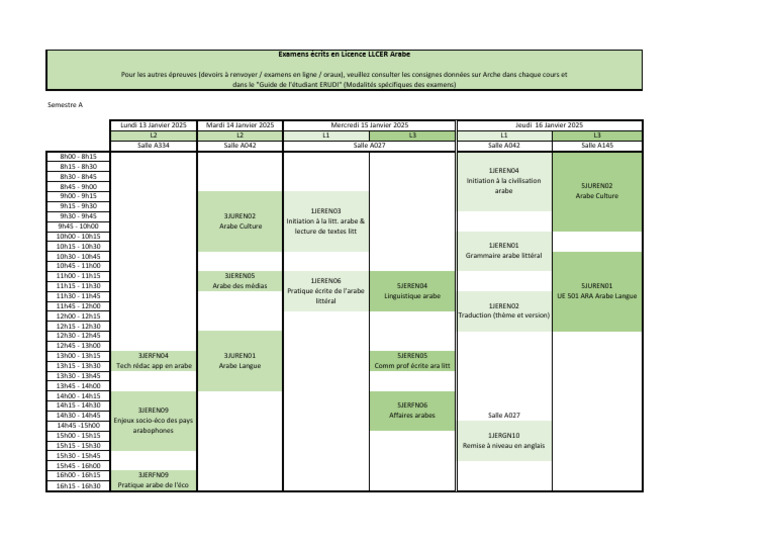 Emploi du temps Semestre A 2025 | PDF | Langues d'Afrique | Arabes