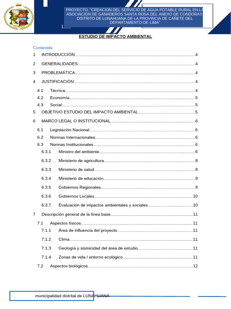 Estudio de Impacto Ambiental Agua Potable | PDF | Evaluación de impacto ...