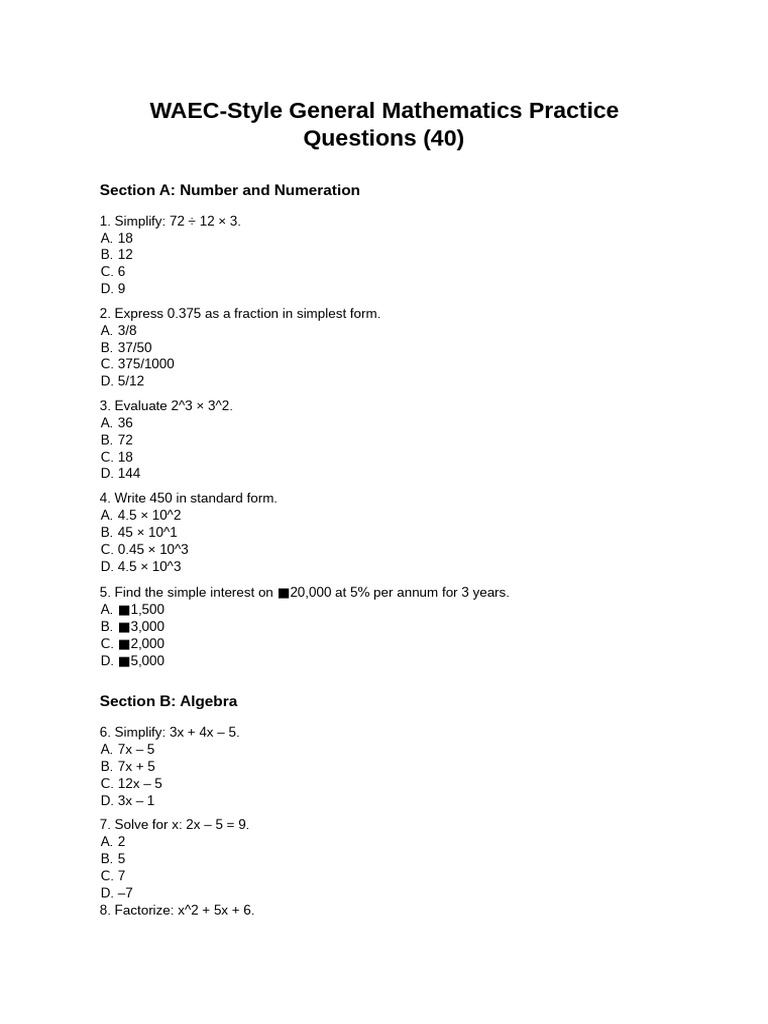 WAEC General Mathematics Practice Questions | PDF | Triangle | Area