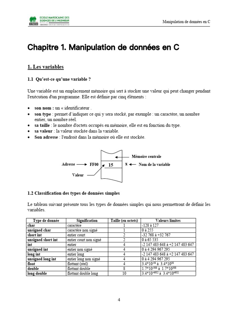 Variables et types en C : Guide complet | PDF | Variable (informatique ...