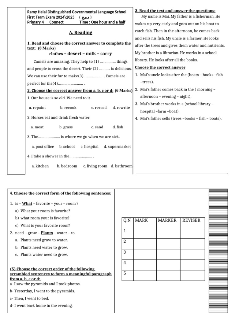 Primary 4 First Term Exam 2024-2025 | PDF