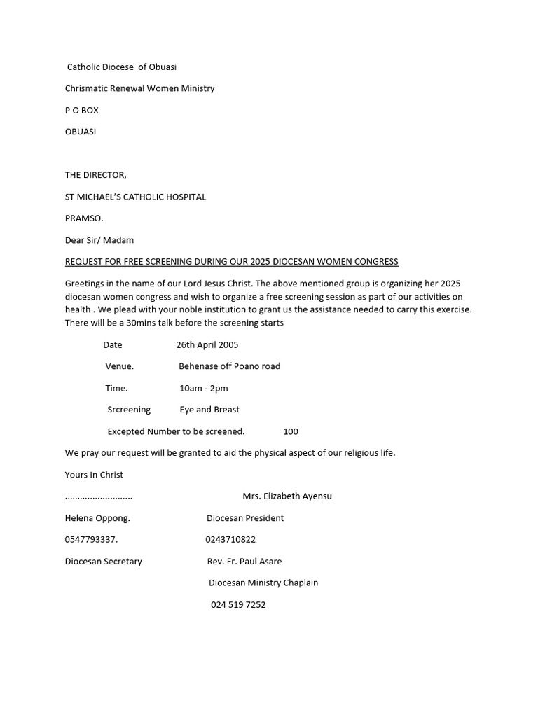 Free Health Screening Request for Women Congress | PDF