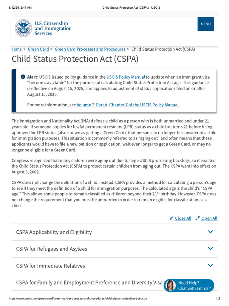 CSPA Guidelines for Green Card Applicants | PDF | International Law ...
