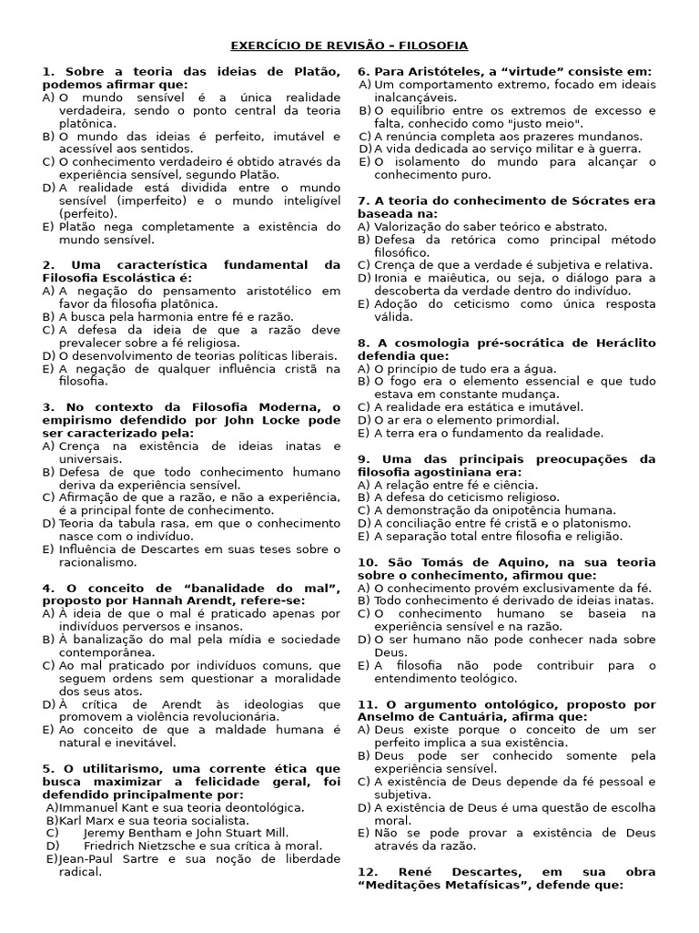 Questões de Filosofia ENEM 2024 | PDF | Liberdade | Existência de Deus