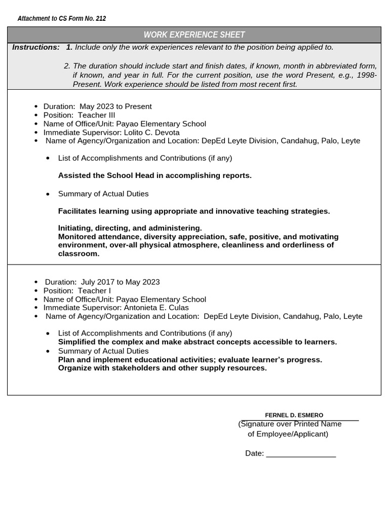Work Experience Sheet for Teacher Position | PDF