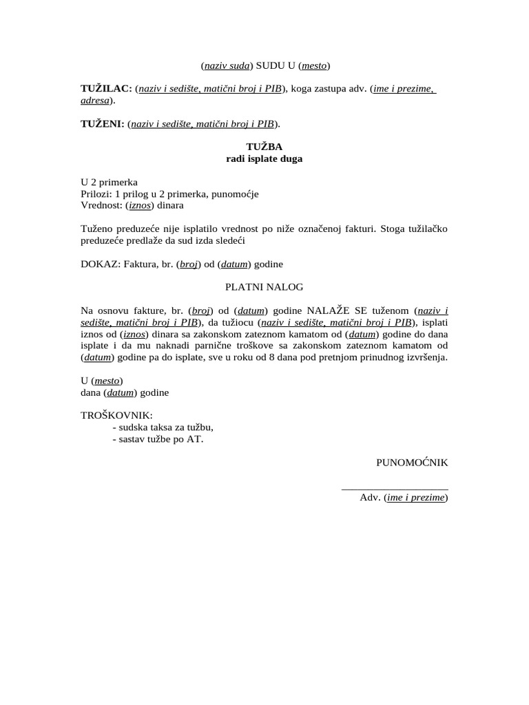 Tužba Radi Isplate Duga Sa Predlogom Za Izdavanje Platnog Naloga | PDF