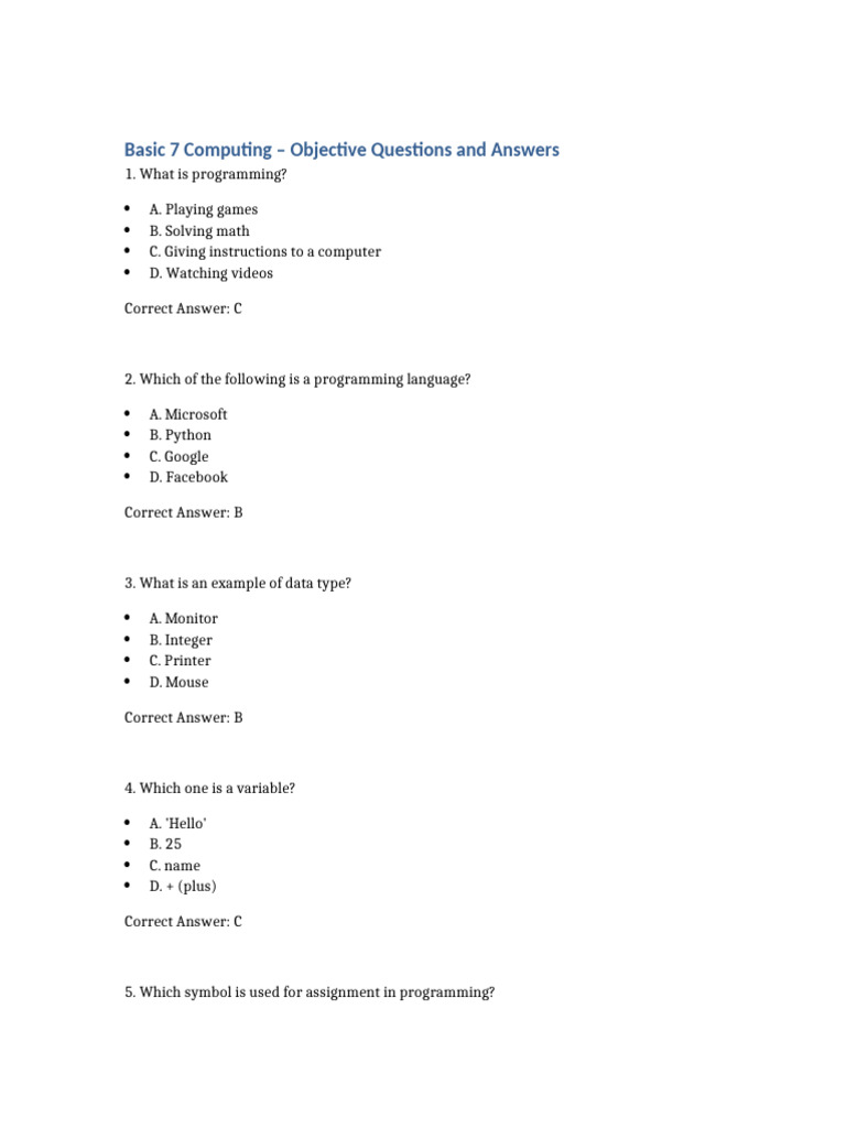 Basic Computing Quiz: Questions & Answers | PDF | Artificial ...