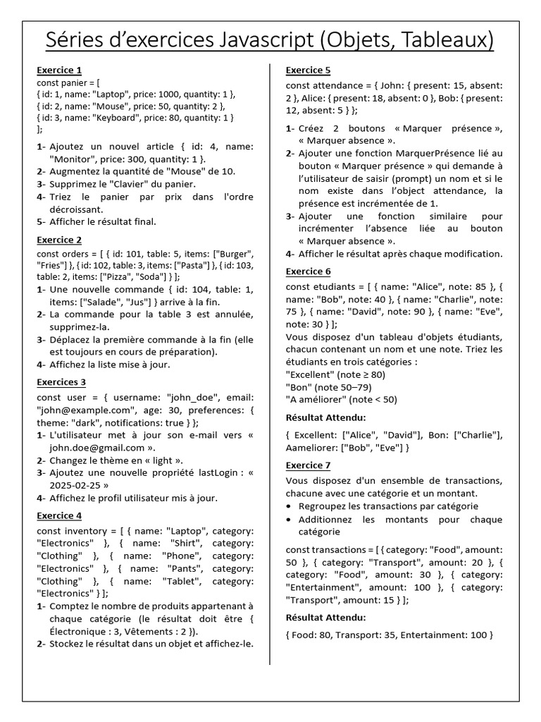 Exercices Pratiques sur les Objets Javascript | PDF