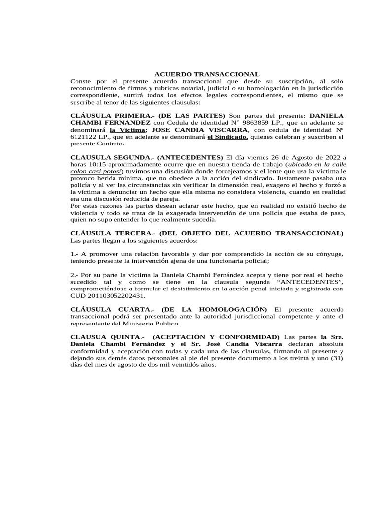 Acuerdo Transaccional entre Partes | PDF | Justicia | Crimen y violencia