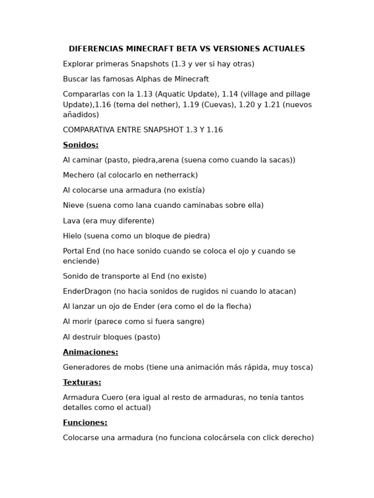 Comparativa Minecraft Beta 1.3 vs 1.16 | PDF
