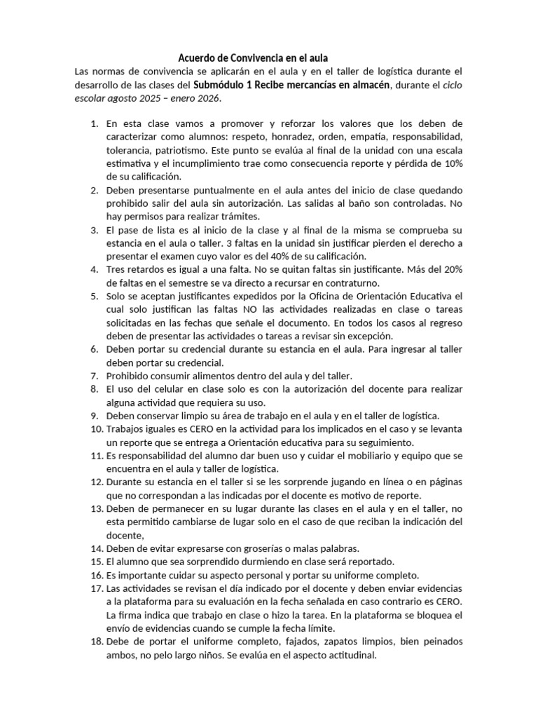 Normas de Convivencia en el Aula 2025-2026 | PDF | Salón de clases