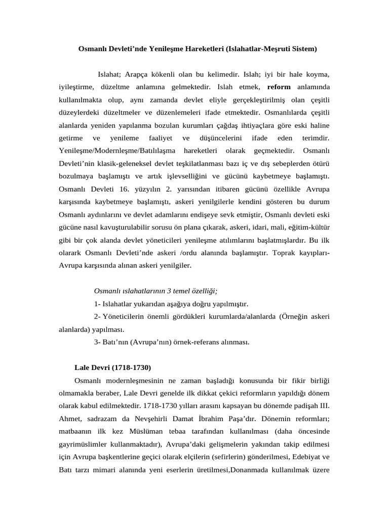 Osmanlı Devleti'nde Yenileşme Hareketleri (Islahatlar-Meşruti Sistem) | PDF