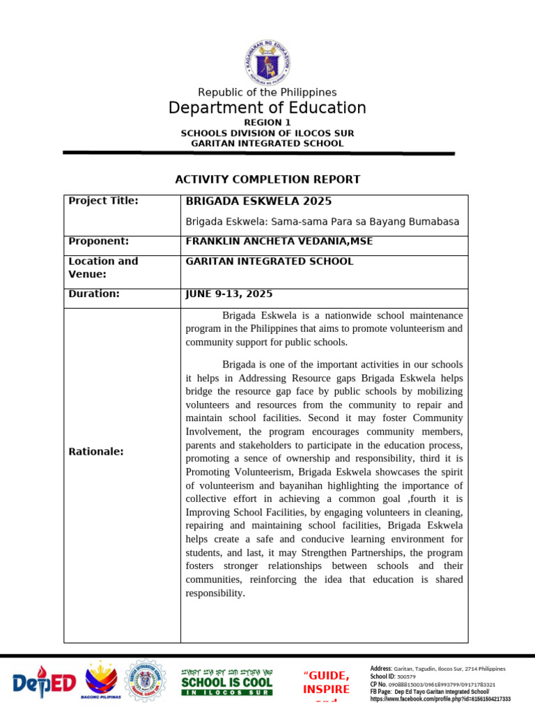 Brigada Eskwela Accomplishment Report | PDF | Volunteering | Learning