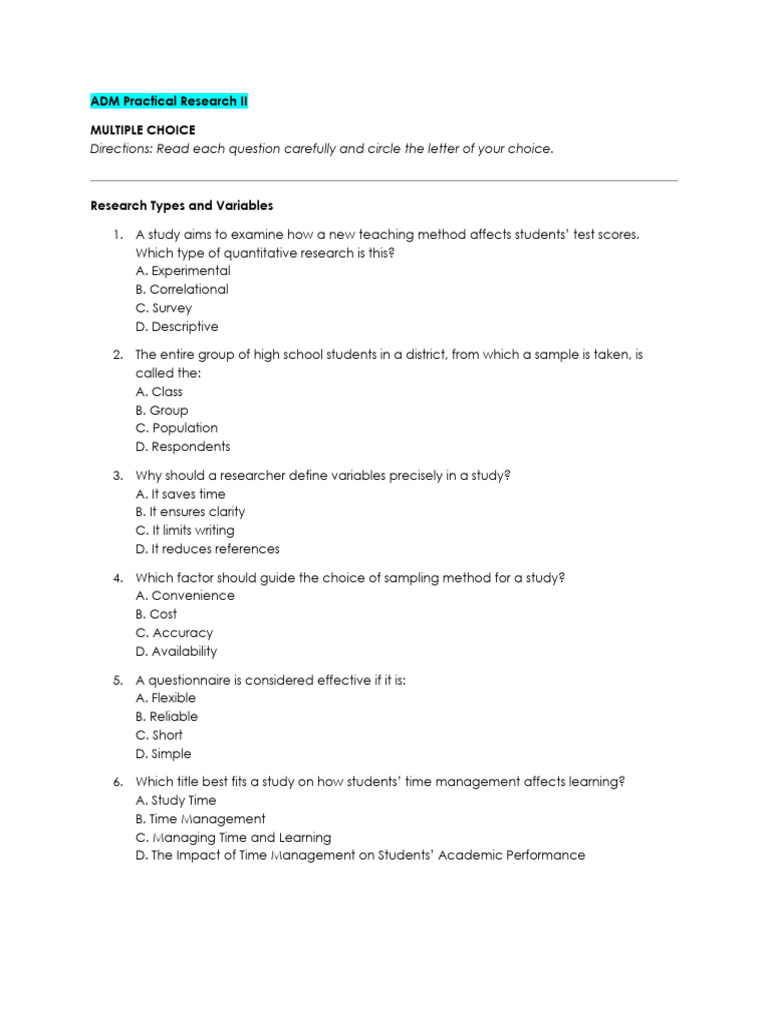 Practical Research II: Multiple Choice Quiz | PDF | Survey Methodology ...