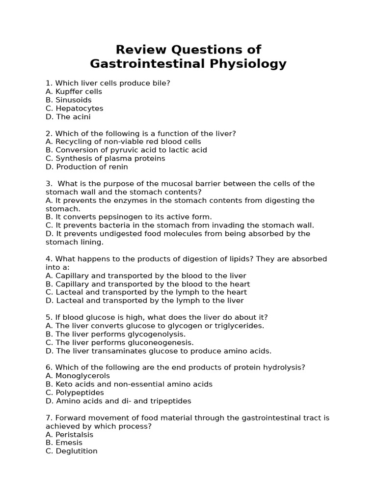 Students - Review Questions of Gastrointestinal Physiology | PDF ...