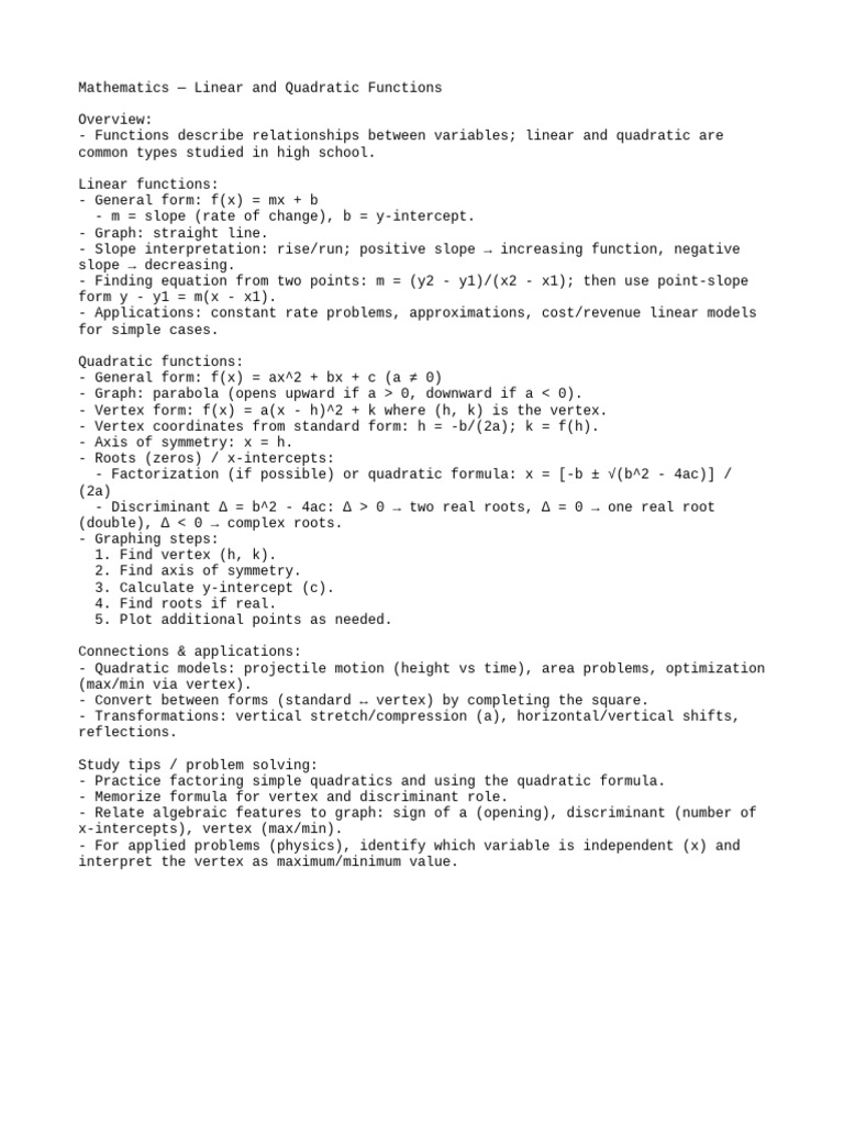 05 Mathematics Linear and Quadratic Functions | PDF