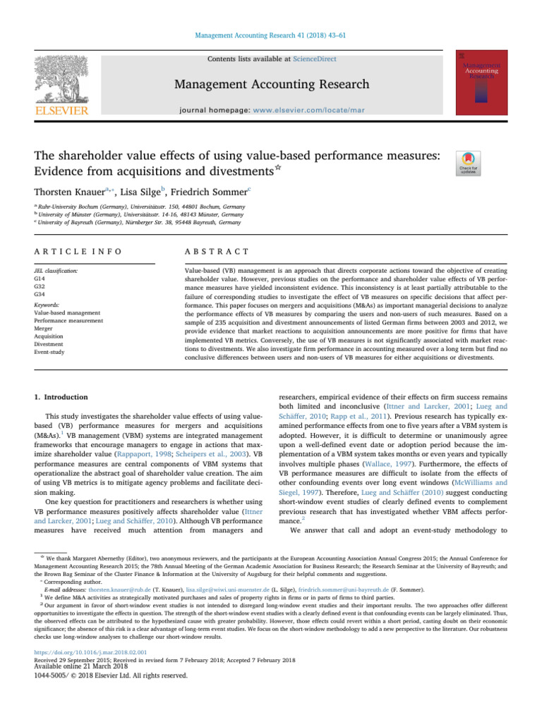 The Shareholder Value Effects of Using Value-Based Performance Measures ...