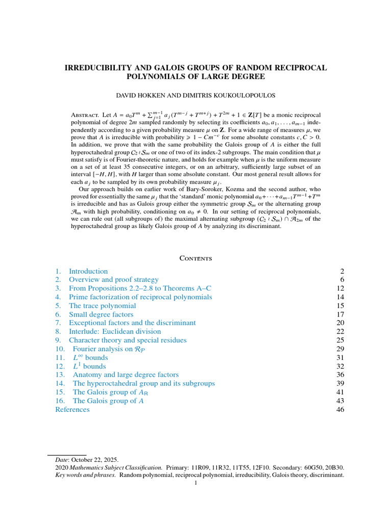 Irreducibility and Galois Groups of Random Reciprocal Polynomials of ...