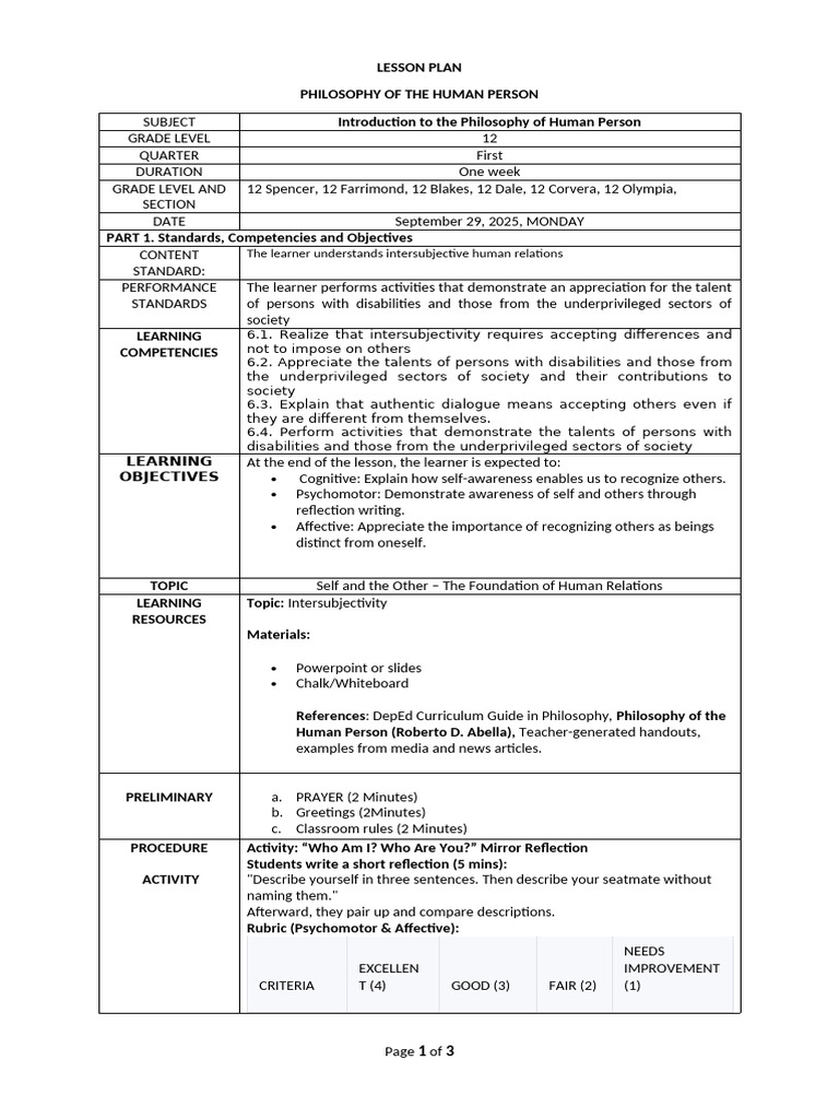 Philo Lesson Plan - Content No. 6 09-29-25 | PDF | Self Awareness ...