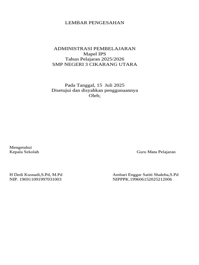 Lembar Pengesahan Perangkat Pembelajaran | PDF