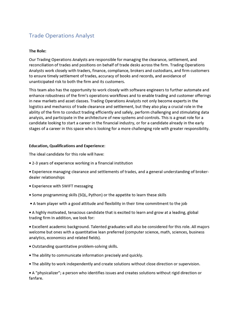 Trade Operations Analyst Overview | PDF