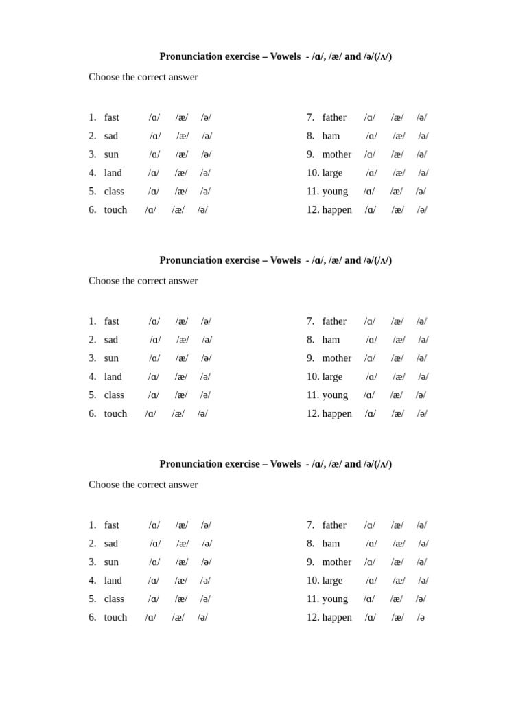 Pronunciation Exercise - Vowels - /ɑ/, /æ/ and /Ə/ (/Ʌ/) | PDF
