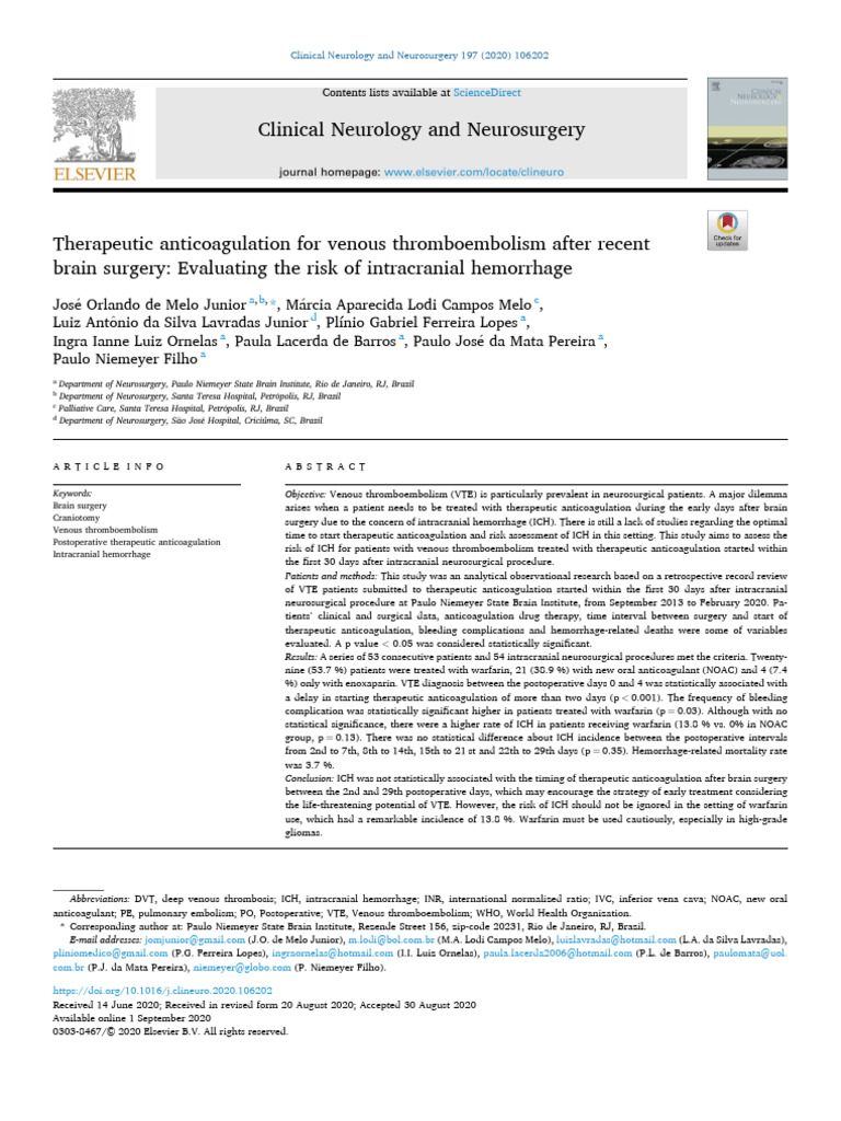 Anticoagulation Risks Post Brain Surgery | PDF | Thrombosis | Blood