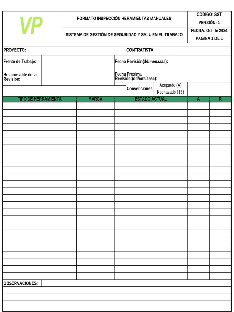 Fo-Sst-06 Formato Inspeccion Herramientas Manuales | PDF