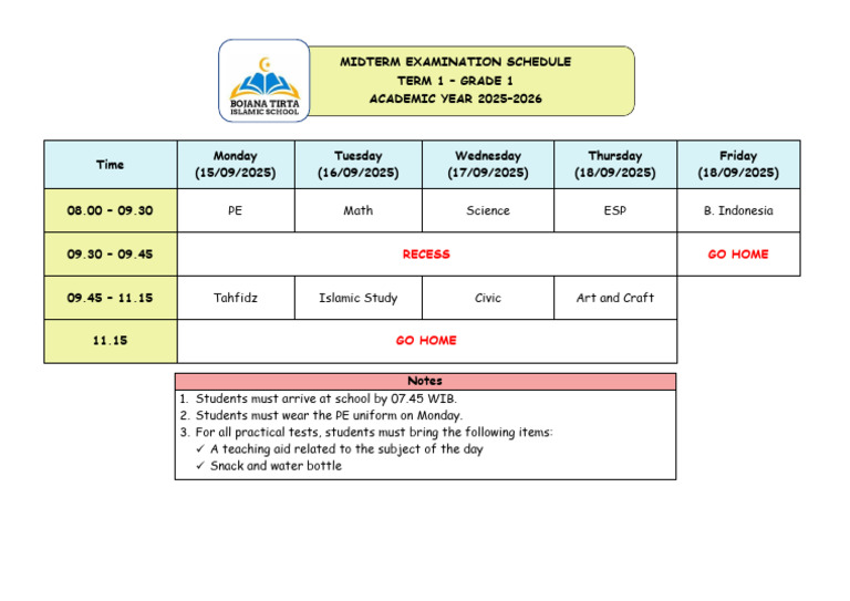 Grade 1 Midterm Exam Schedule 2025 | PDF
