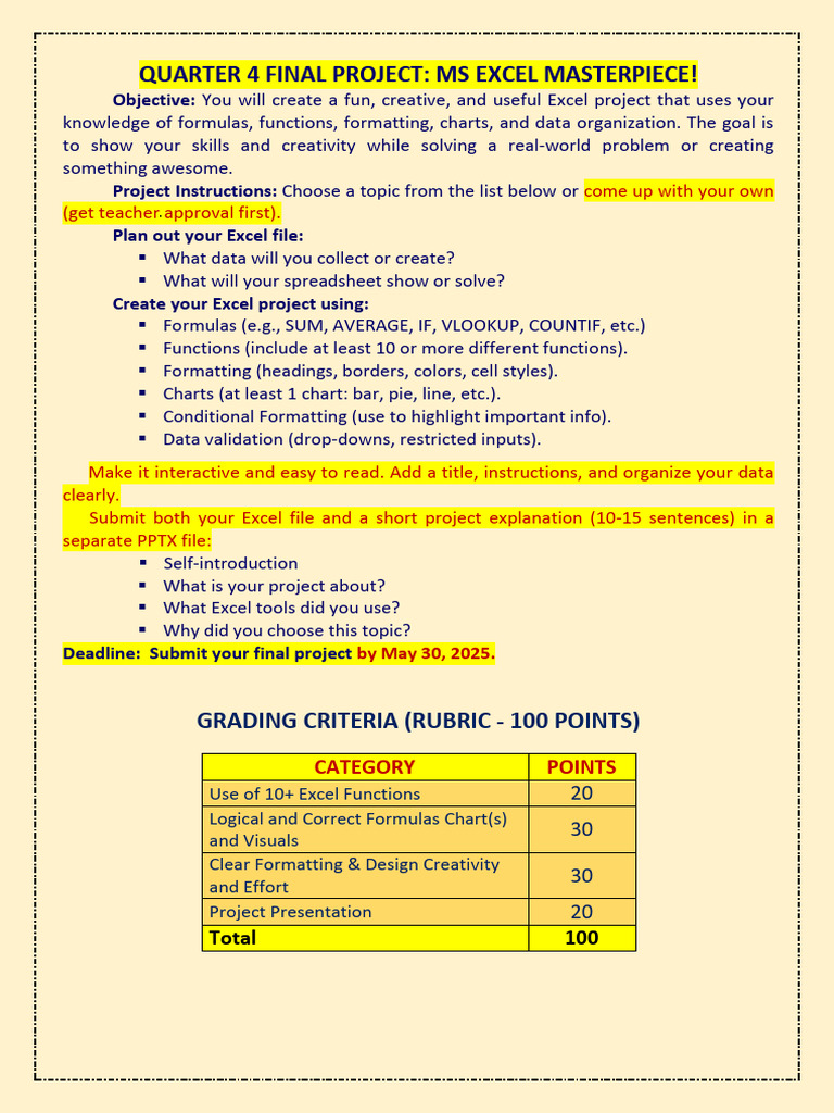 Excel Project Ideas & Guidelines | PDF | Microsoft Excel | Spreadsheet