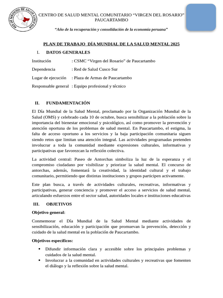 Plan de Trabajo Día Salud Mental 2025 | PDF | Salud mental