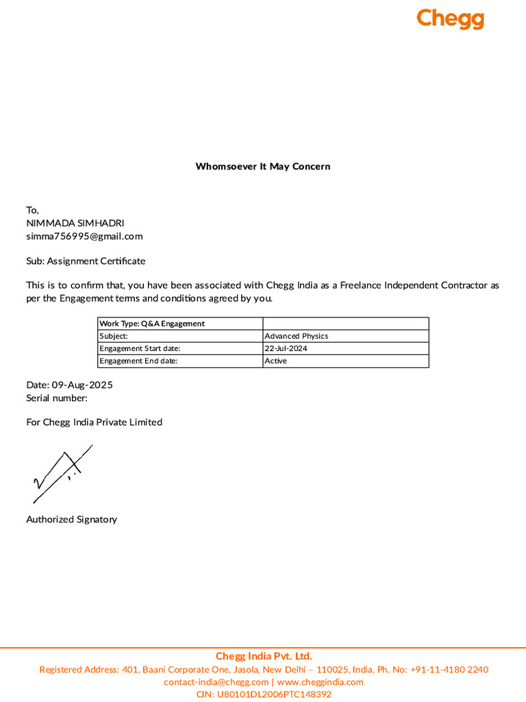 Chegg India Freelance Assignment Certificate | PDF