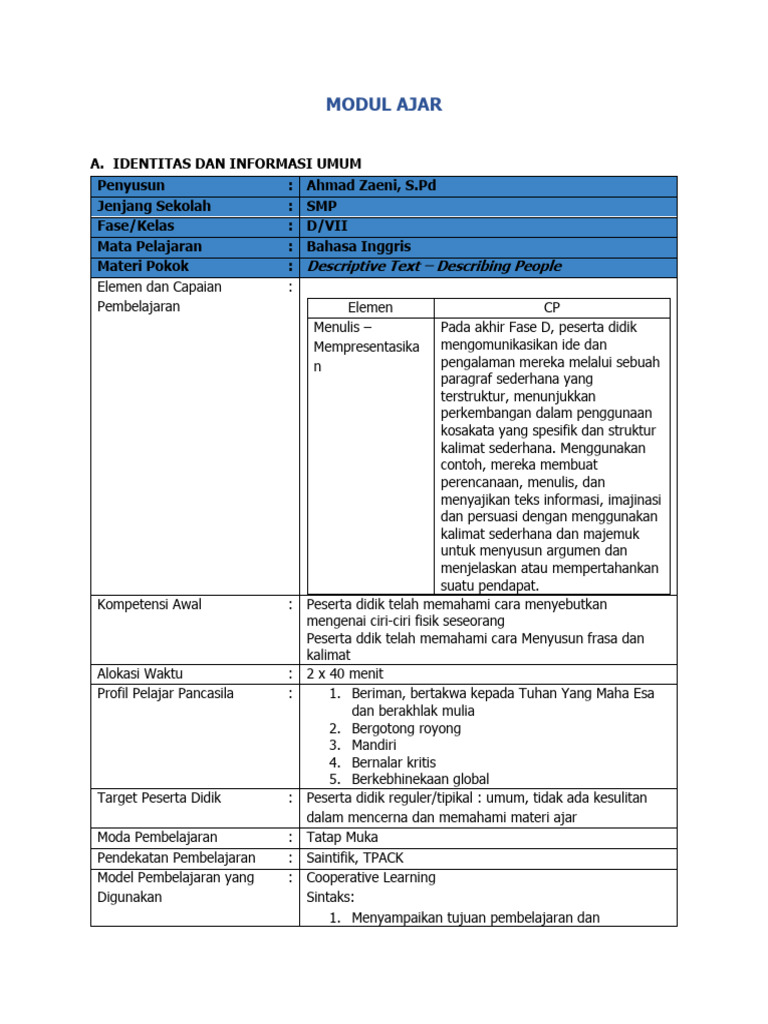 Modul Ajar Descriptive Text SMP | PDF