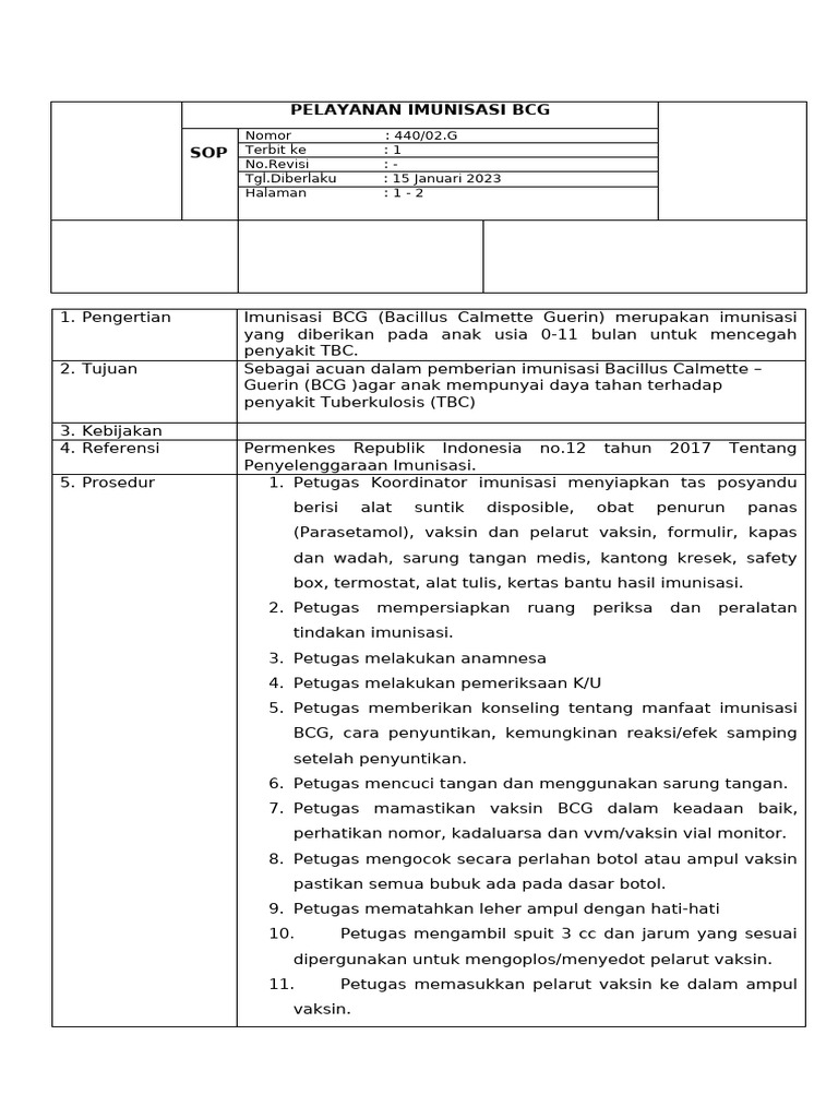 SOP Imunisasi BCG untuk Anak | PDF