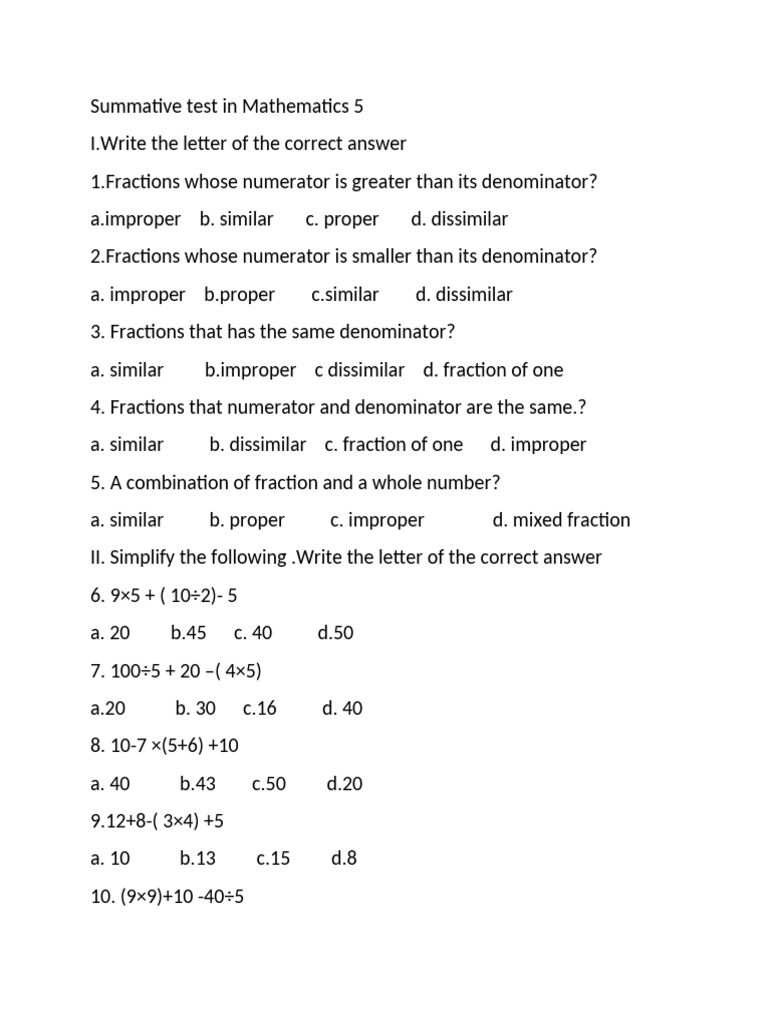 Mathematics 5 Summative Test Guide | PDF