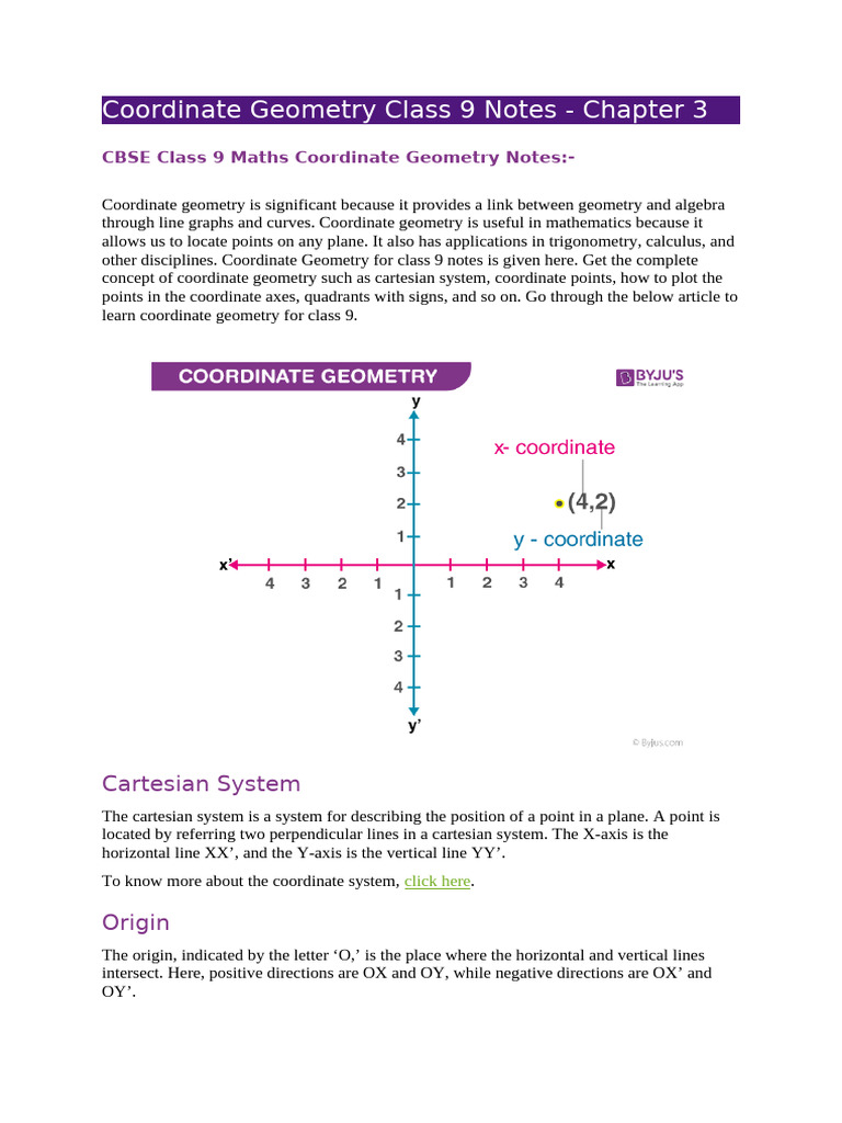 Class 9 Coordinate Geometry Notes | PDF | Cartesian Coordinate System ...