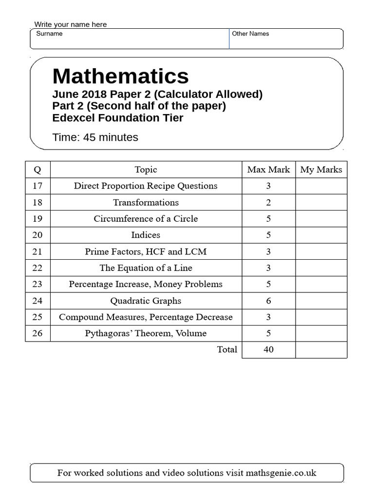 Edexcel June 2018 Maths Paper 2 | PDF