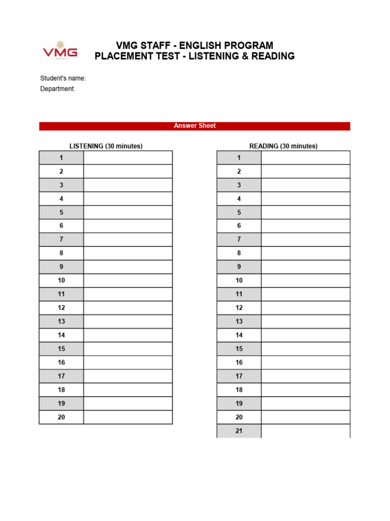 English Program Placement Test Answer Sheet | PDF